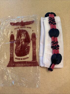 Egyptian Made White Cotton Headdress with Navy & PinkBraided Accent